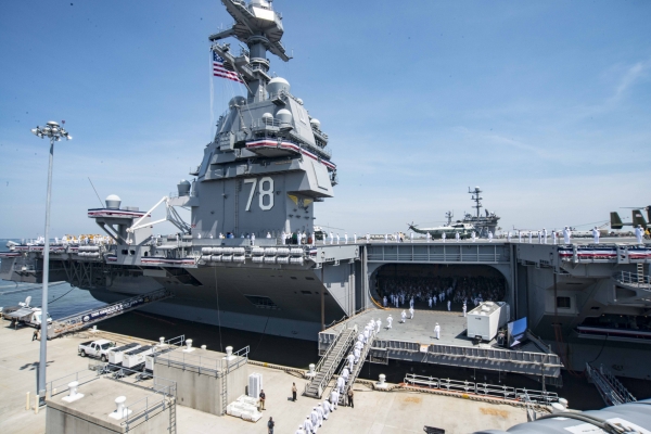 USS Gerald R. Ford (CVN 78) during its commissioning ceremony at Naval Station Norfolk
